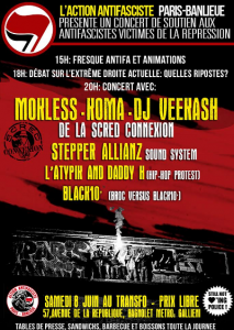 Samedi 8 juin: Concert de soutien aux antifascistes victimes de la répression d’État